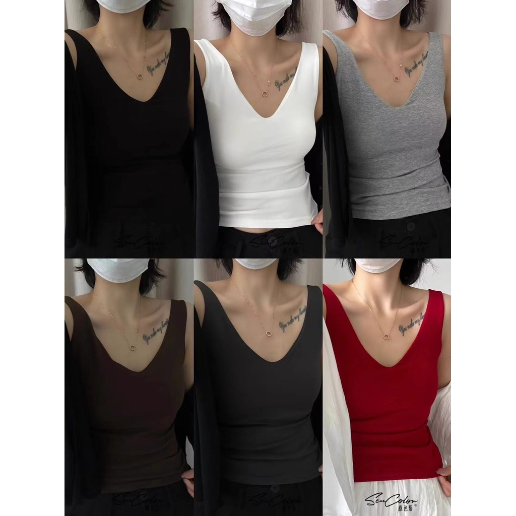 ฤดูใบไม้ร่วงฤดูหนาวแปรง Warm Camisole V คอ High-End รู้สึกไม่มีรอยต่อหน้าอก Pad Slim-fit Slimmer ดู 
