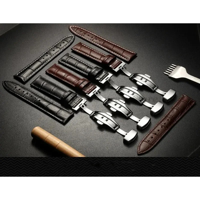 สายนาฬิกาสายหนังแท้หัวเข็มขัดผีเสื้อสําหรับสําหรับ Longines Watch Band 12/13/14/15/16/17/18/19/20/21