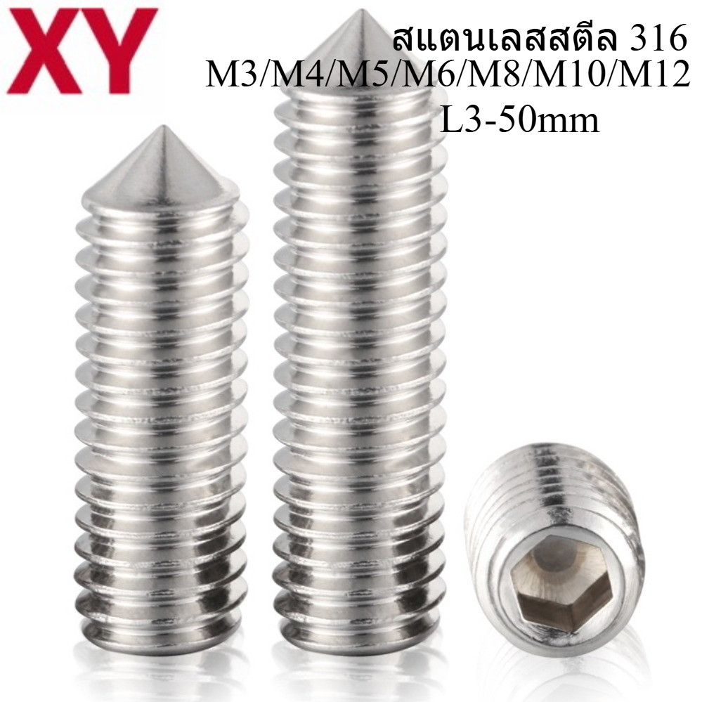 สกรูแหลม 316 (หัวเพชร) M3-M12 | สแตนเลสสตีลเกรด 316 | สกรูหัวเพชรแบบใส่หกเหลี่ยม (Hex Socket) | ยาว 
