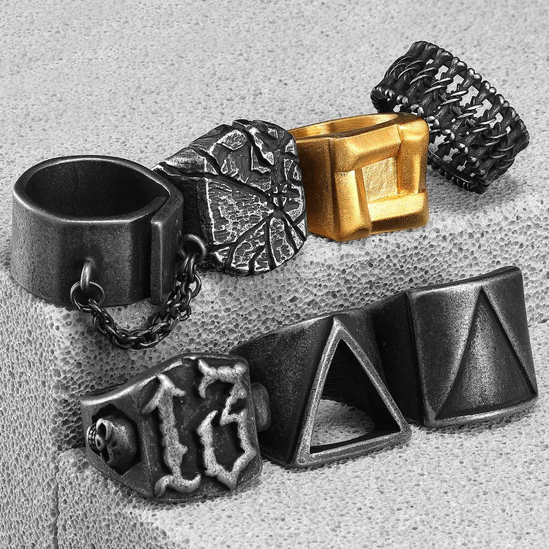 Retro Geometry Texture Men Rings Stainless Steel Women Jewelry Punk New In Stranger Things Fashion A