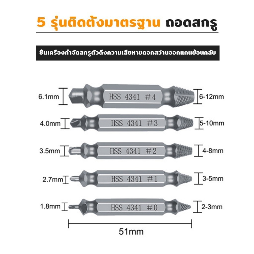 ตัวแยกสกรู 5pcs/set ชุดสว่าน น้ำยาถอดน๊อตสกรูที่หัก เครื่องมือถอดประกอบ Damaged Screw Extractor - รูปที่ 4