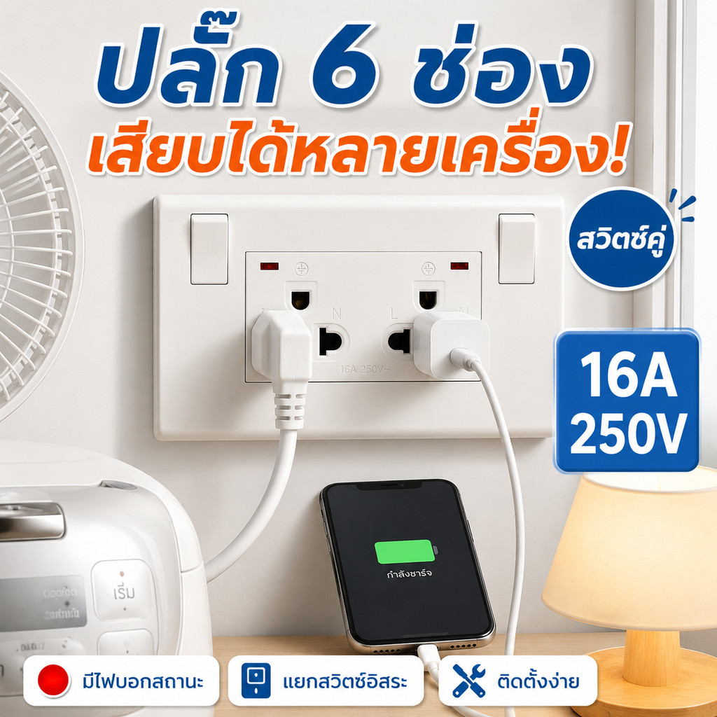 ปลั๊กผนัง 2 สวิตช์ 6ช่อง 16A มีไฟแสดงสถานะ / 5ช่อง พร้อม USBคู่ เต้ารับไฟฟ้าอเนกประสงค์ สำหรับบ้าน คอนโด โต๊ะทำงาน COD