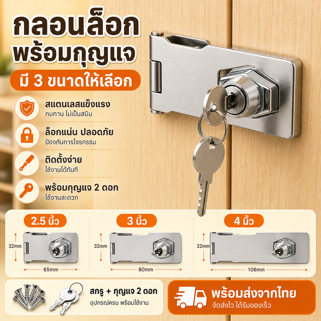 กลอนประตูบานเลื่อนพร้อมกุญแจ สแตนเลสหนา ไม่เป็นสนิม ใช้กับตู้ไม้ ลิ้นชัก ประตูเลื่อนได้