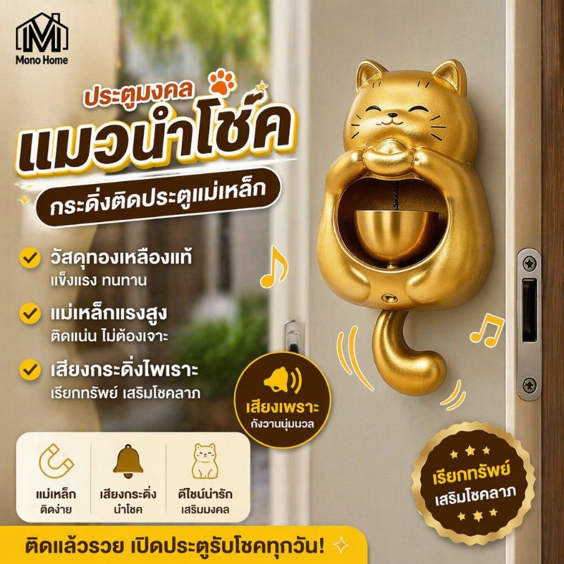 กระดิ่งประตูแมวนำโชค ทองเหลือง ติดตั้งด้วยแม่เหล็กหรือเทปกาวไม่ต้องเจาะผนัง แต่งบ้าน กันขโมย กระดิ่งแขวนประตู