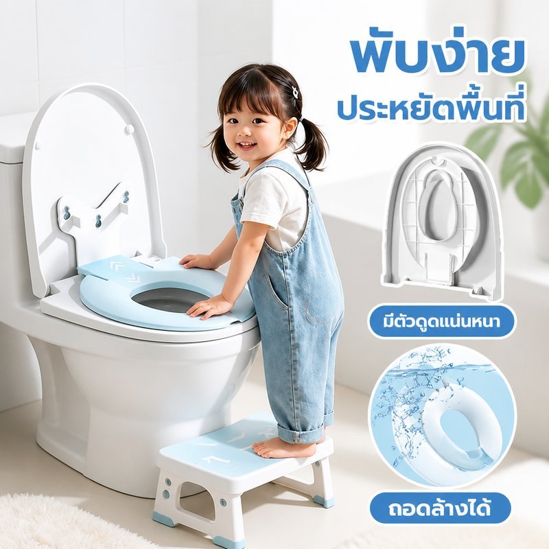 ฝารองนั่งชักโครกเด็ก แบบพับได้ ปรับระดับได้ จุกดูดยึดแน่น กันกระเด็น ใช้ได้หลายทรง อายุ1ถึง8ปี