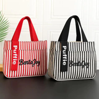 Puffie พร้อมส่ง กระเป๋าโท้ทผ้าแคนวาสลายทาง มีซิปช่องนอก ใส่กล่องข้าว ขวดน้ำ จุของเยอะ ใช้ทุกวัน