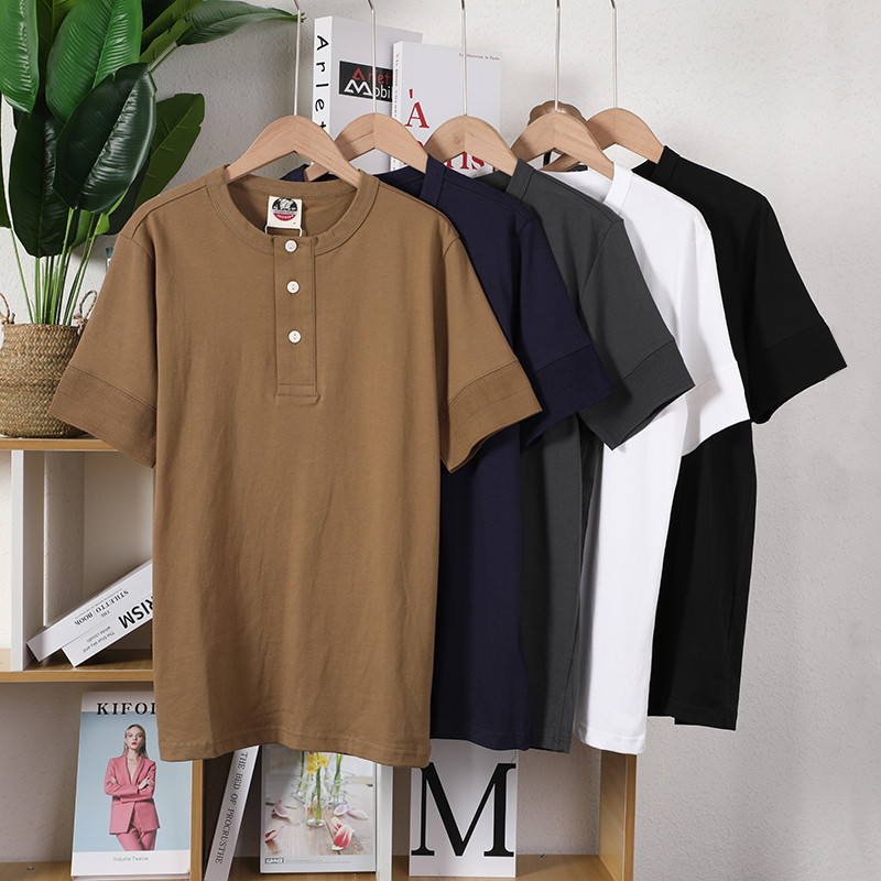คอปก เฮนรี่อเมริกัน!Heavy Pure Cotton Washed T-Shirt Retro Simple High Weight Short Sleeve Male yyds