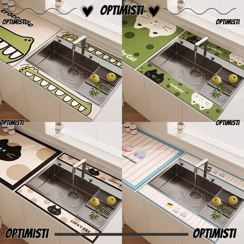 OPTIMISTI8E เสื่อท่อระบายน้ําก๊อกน้ํา, 10x60 ซม.การ์ตูนอ่างล้างจานเสื่อดูดซับ,ทนทานล้างทําความสะอาดได้ Lucky Cat แผ่นรองโต๊ะกันลื่นห้องครัวห้องน้ํา