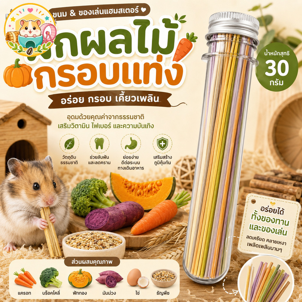 Hamster.lover ผักผลไม้กรอบแท่ง ขนม&ของเล่นสัตว์เลี้ยง (แฮมสเตอร์, นกแก้ว) 30g