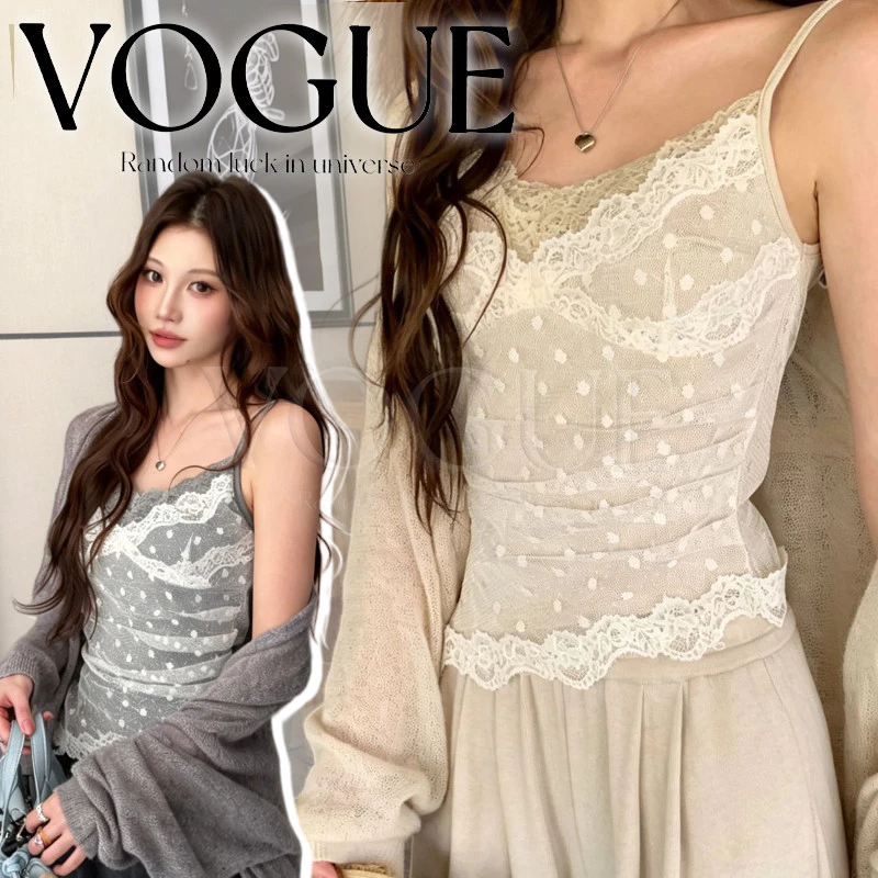 Vogue🌟พร้อมส่ง🌟 เสื้อสายเดี่ยวซีทรูลูกไม้ซ้อนบราสไตล์เกาหลี กระชับทรงโชว์หุ่นสุดจึ้ง (FY33079)