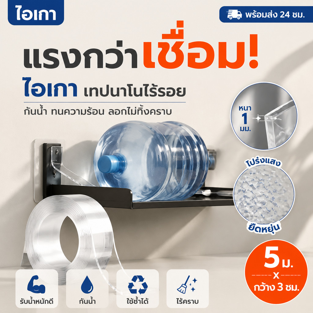 พร้อมส่งในไทย 3m เทปกาวนาโน แบบสองหน้า เหนียวแข็งแรง ใส เทปกาวกันน้ําแบบใช้ซ้ําได้
