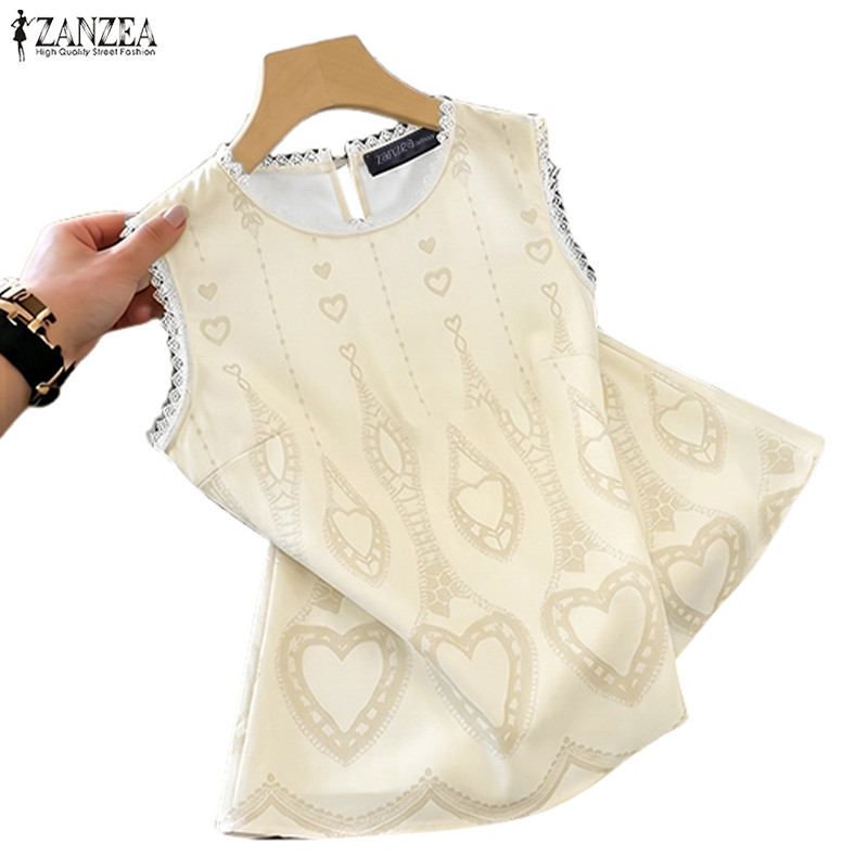 ZANZEA ผู้หญิงเกาหลี Elegant Luxe คอกลมแขนกุดพิมพ์กราฟิกขอบลูกไม้หลวม H-Type Tanks