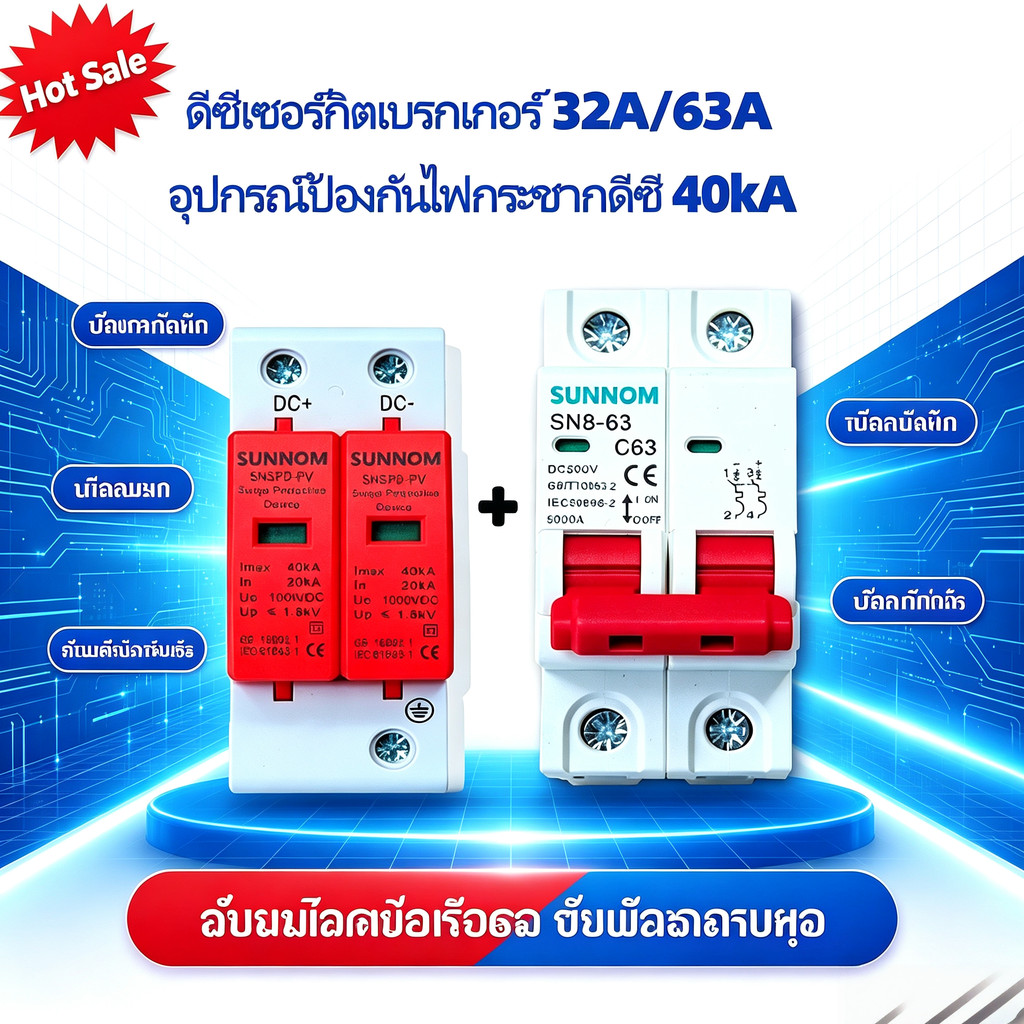 TL（2pcs）DC MCB 2P 500V 63A + DC Surge Protector 40kA กันฟ้า สำหรับโซล่าเซลล์ ป้องกันไฟฟ้า เหมาะสำหรับบ้านและโรงงาน