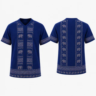 เสื้อพื้นเมืองไทยคู่ชายหญิง สีกรมท่า ลายช้างไทย เสื้อชาติพันธุ์คอวีแขนสั้น ผ้านุ่มใส่สบาย แฟชั่นไทยประยุกต์ ใส่เที่ยววัด