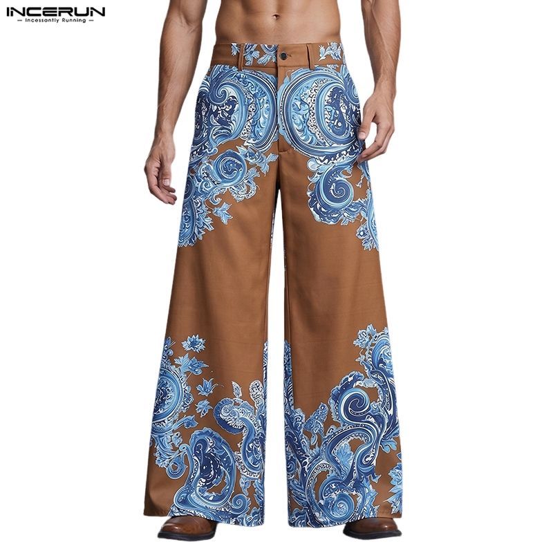 INCERUN Men Vintage Oriental Artistic สไตล์เอวสูงปุ่มด้านหน้า Totem พิมพ์กางเกงขากว้าง