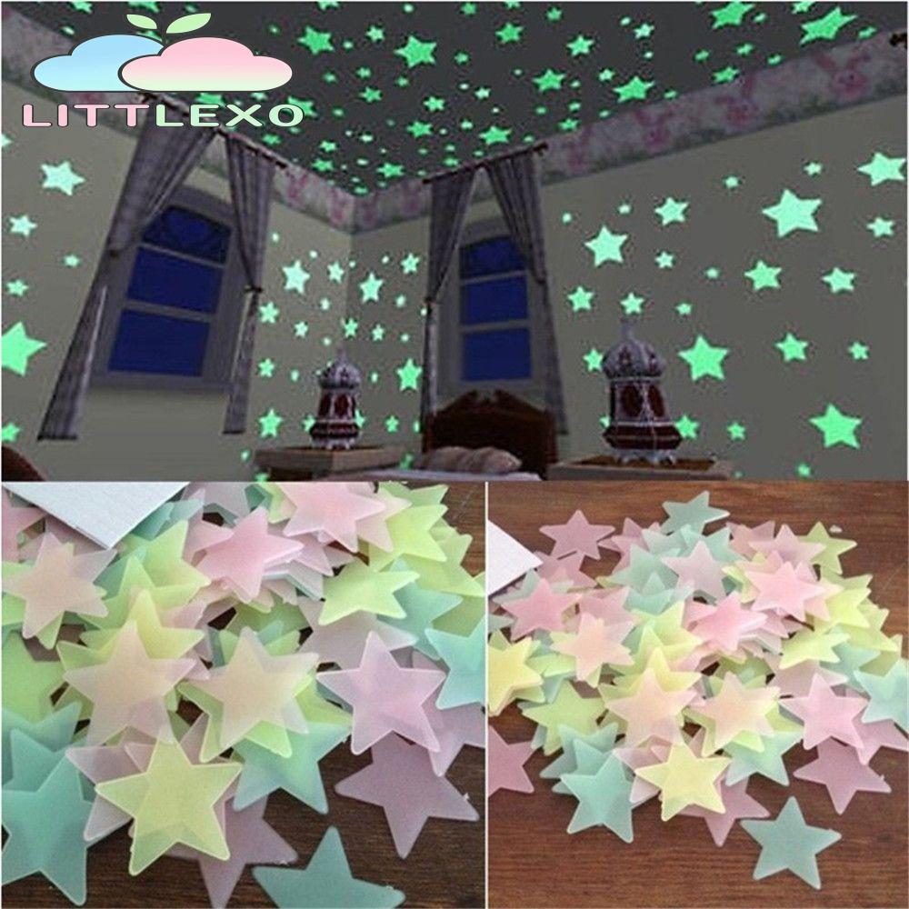 LITTLEX 100 ชิ้น/เซ็ต Luminous Decal, เครื่องประดับเนอสเซอรี่ DIY Luminous สติ๊กเกอร์ติดผนัง, เรืองแสงใน Dark สีสัน Star Fluorescent Wall Art Decals เด็กตกแต่งห้องเด็ก