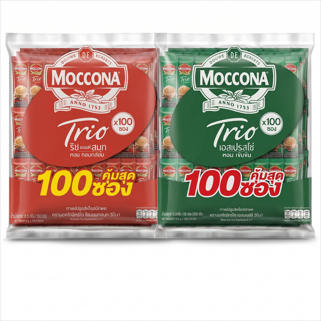 [แพ็ค100 ซอง] มอคโคน่า ทรีโอ 3อิน1 กาแฟปรุงสำเร็จชนิดผง Moccona Trio 15.8 กรัม x 100 ซอง หอม เข้มข้น