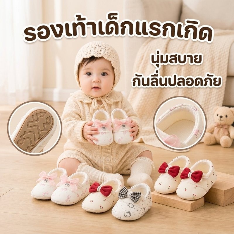 รองเท้าเด็กแรกเกิด รองเท้าหัดเดิน โบว์ ผ้าฝ้ายนุ่ม ระบายอากาศ กันลื่น เบา สําหรับ 0 1 ปี