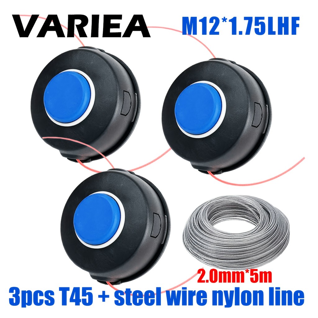 VARIEA-3 T45+5m เชือกหญ้าลวดเหล็ก, M12 * 1.75, T45 T45X T55 T55X ใบมีด, เหมาะสําหรับ 143R-II 153R 24