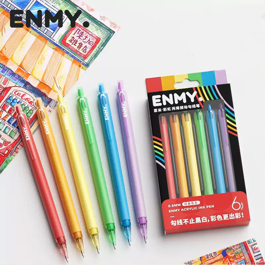 ปากกาเส้นอคริลิคกด ENMY รุ่นเรนโบว์ หัวปากกาสแตนเลส 0.7 มิลลิเมตร กันตก หมึกสีเข้มเห็นชัดบนกระดาษสีด