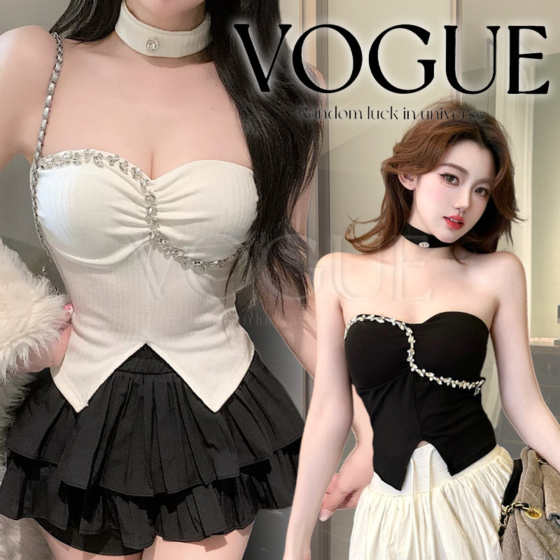 Vogue🌟พร้อมส่ง🌟 เสื้อเกาะอกปักเพชรพร้อมโชกเกอร์ มีฟองน้ำในตัว สไตล์เซ็กซี่เหมาะกับสาวปาร์ตี่ (FY2944)