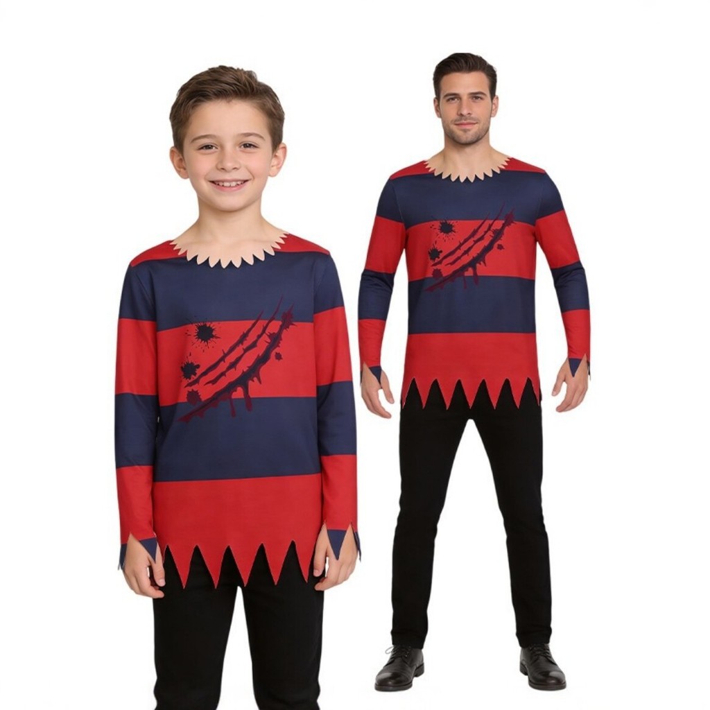 [คลังสินค้าพร้อม] เครื่องแต่งกายคอสเพลย์ฮาโลวีนสไตล์ใหม่ Freddy Krueger Freddy เสื้อยืดชุดสยองขวัญ W