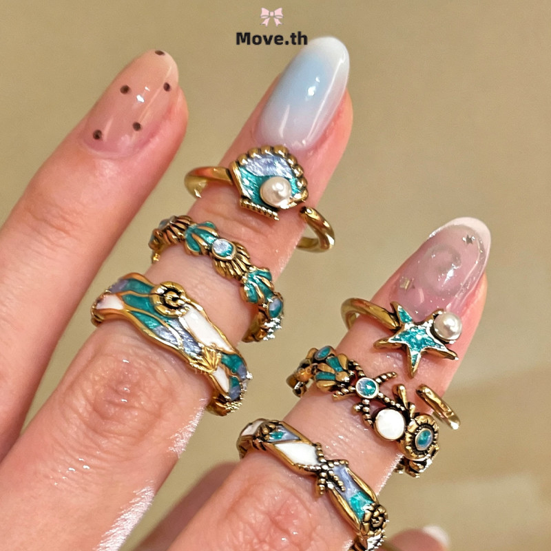 ในไทย-พร้อมส่ง แหวนเคลือบอีนาเมลรูปปลาดาวและเปลือกหอยสไตล์วินเทจสำหรับผู้หญิง ปรับขนาดได้ แบบเปิด สวมซ้อนได้