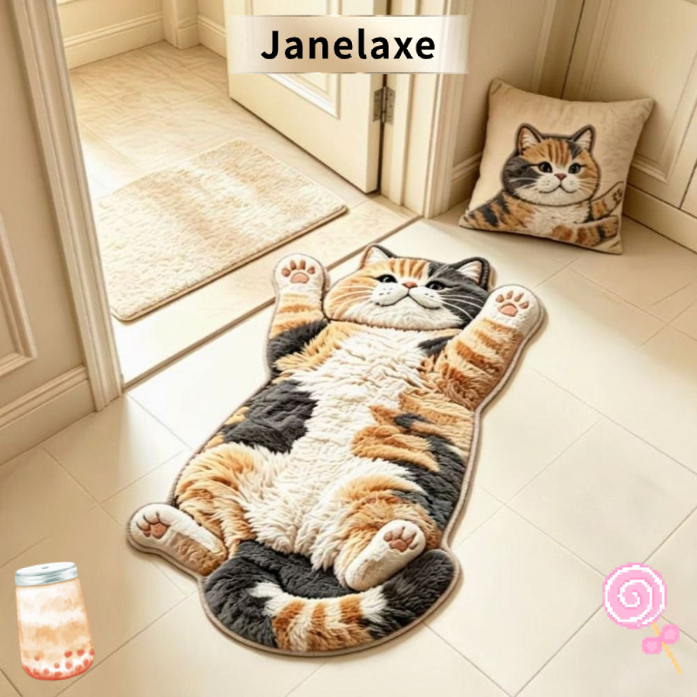 JANELAXE พรมตกแต่งบ้าน, ทําความสะอาดง่ายพรมพื้นที่รูปแมวป้องกันการเปรอะเปื้อน, ห้องนั่งเล่นพรมการ์ตูน 2D กันลื่นน่ารัก