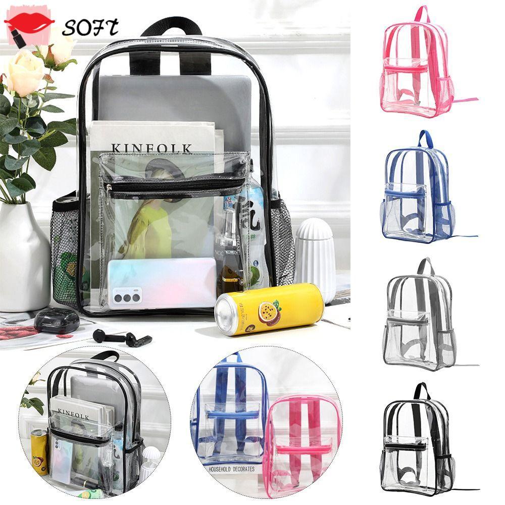 SOFTNESS PVC Knapsack, กระเป๋าเป้สะพายหลังโปร่งใสความจุขนาดใหญ่, Casual Luxury Designer กระเป๋าเป้สะพายหลังที่มองเห็นได้กีฬากลางแจ้ง