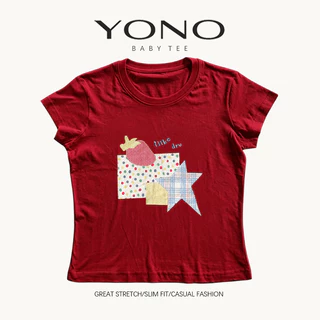 (พร้อมส่ง24ชม.) YONO baby tee สีชมพู ลายดาวตารางและกราฟิกพาสเทล ทรงเข้ารูป สไตล์เกาหลี y2k