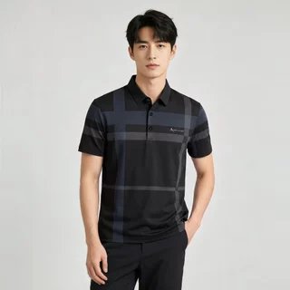 Chaistyle ผู้ชายเสื้อโปโล ระบายอากาศได้ดี ความรู้สึกเย็น คอพับ แขนสั้น ชุดคุณพ่อวัยกลางคน ลวดลายตัวอักษรเพชร หลวม