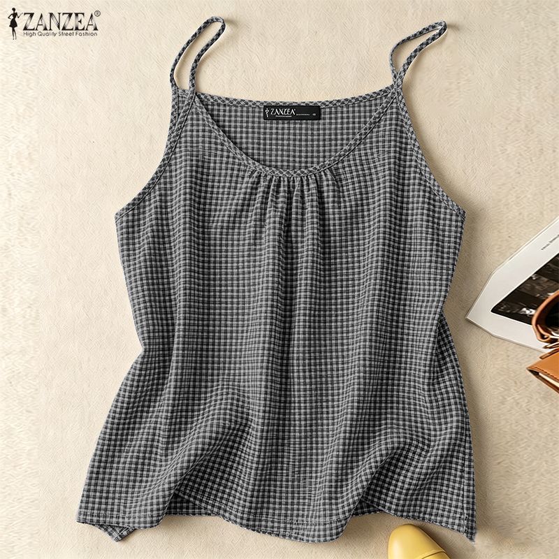 ZANZEA ผู้หญิงฤดูร้อนเกาหลี Retro V คอลายสก๊อตแขนกุด Holiday Beach Casual Camisole & Tube — صورة 4