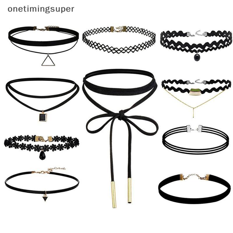 Onetimingsuper 10 ชิ้นสร้อยคอโชคเกอร์สีดําคลาสสิกกํามะหยี่ยืดสร้อยคอสักโกธิคOTP