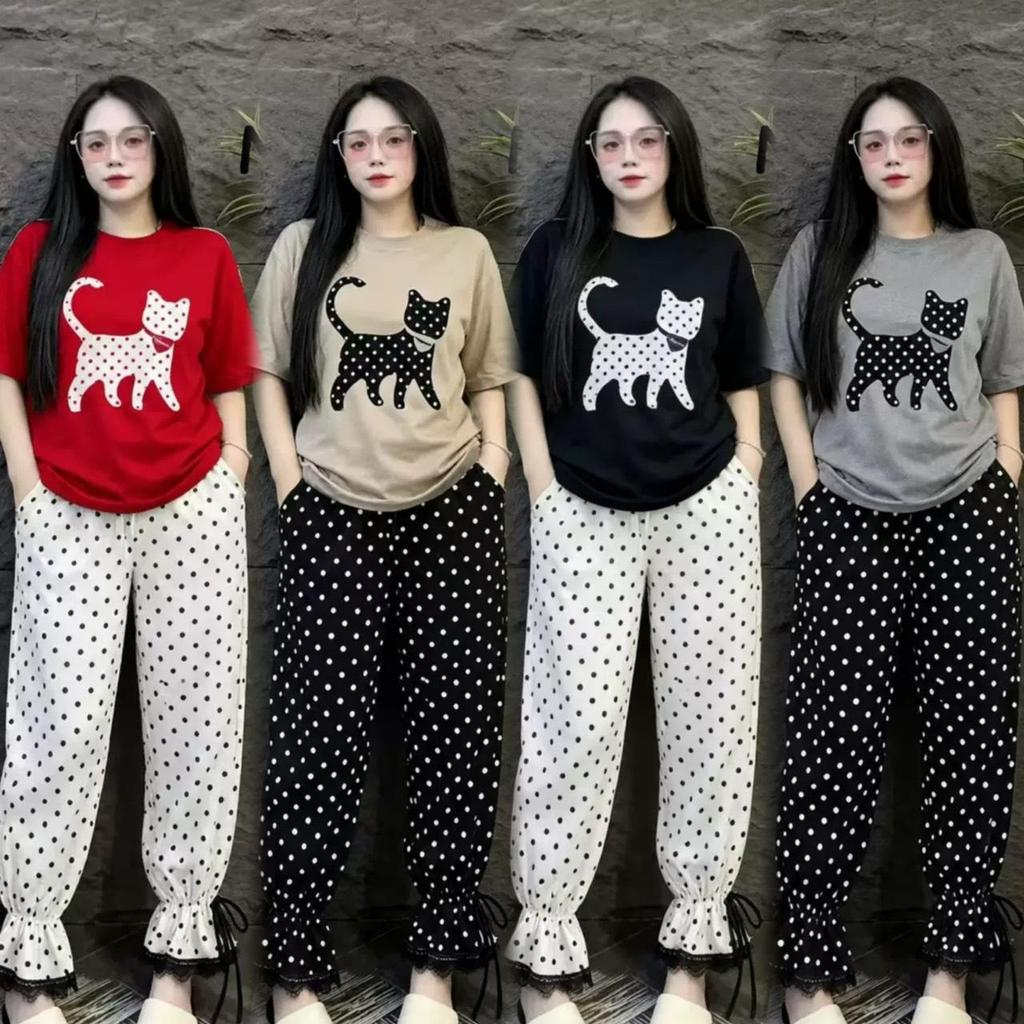 Mayura Stores No.Ca7662 ชุดเซ็ท2ชิ้น เสื้อ+กางเกง ลายแมวจุด ปลายขาจั๊มแต่งลูกไม้ ชุดเซ็ท เสื้อผ้าแฟชั่น