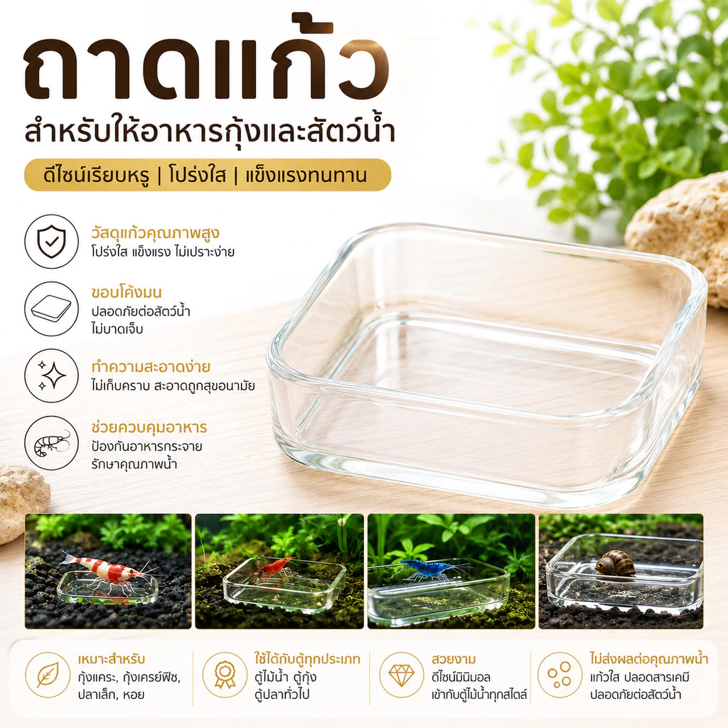 ถาดแก้วแบบเหลี่ยม สำหรับให้อาหารกุ้งแคระ ปลาบู่ หรือสัตว์เลี้ยงอื่น