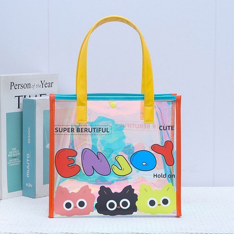 Pvc กระเป๋าถือสีสันสดใสกันน้ํา Laser Jelly Bag enjoy Cat High-value Large-capacity Student Bag Handb