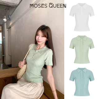 MOSESQUEEN เสื้อถักนิตติ้งสีน้ําเงินอย่างมากของผู้หญิงสําหรับฤดูร้อนน้ําหนักเบาเสื้อโปโลสไตล์วัยรุ่นแขนสั้น #69076