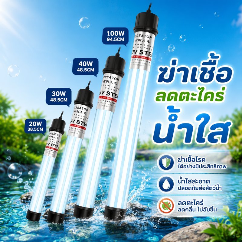 หลอดยูวีจุ่มน้ำ ฆ่าเชื้อ บ่อปลา ตู้ปลา หลอดคู่ กันน้ำ ลดตะไคร่ น้ำใส UVC 20W 30W 40W 100W