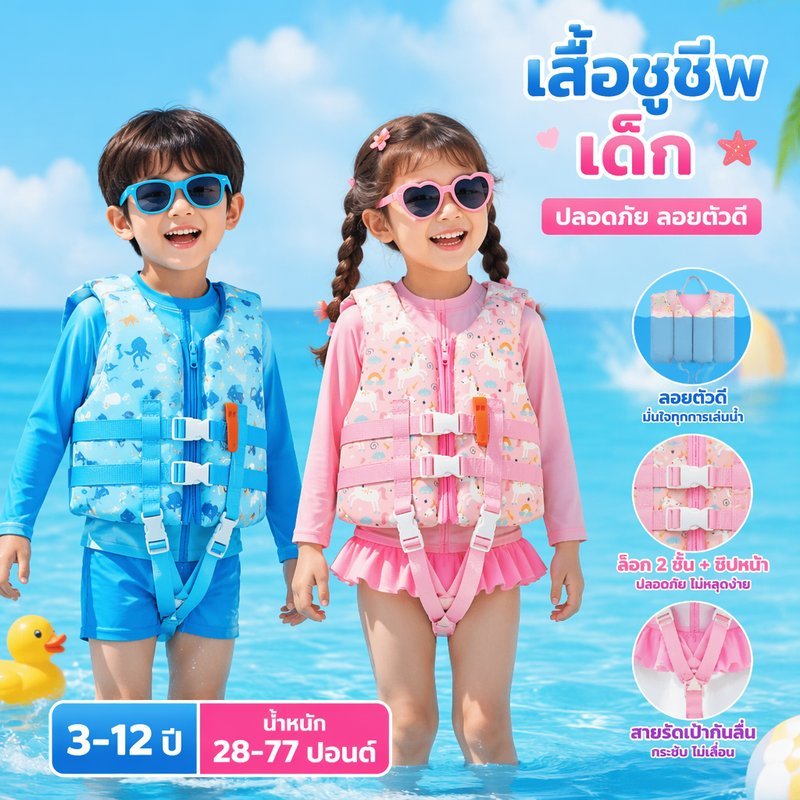 เสื้อชูชีพเด็ก ชุดลอยน้ำ เสื้อกั๊กว่ายน้ำ นีโอพรีน อุ่นนุ่ม ลายการ์ตูน กันลื่น ปรับสายได้