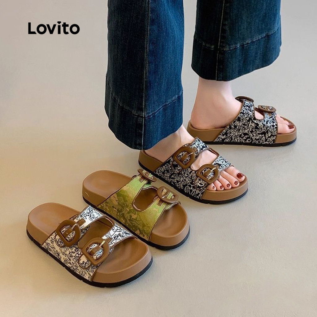 Lovito รองเท้าแตะแฟชั่นสไตล์เกาหลีแบบลำลองติดกระดุมสองเม็ดสำหรับผู้หญิง LFA103166