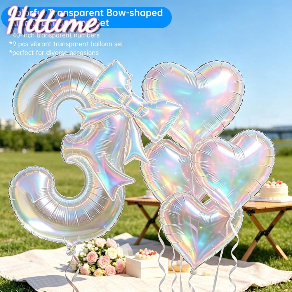 HITTIME 40 นิ้วสีสันโปร่งใสอลูมิเนียมฟอยล์บอลลูนจํานวนโบว์รูปหัวใจ Photo Props สําหรับวันเกิดงานแต่ง