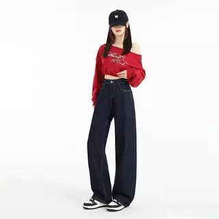 DK JEANS กางเกงยีนส์ ขากว้าง สีน้ำเงินเข้ม สไตล์อเมริกันสำหรับผู้หญิง รุ่นใหม่ เอวสูง ทรงหลวม สบายๆ ป้ายน้ำตาลสุดเก๋