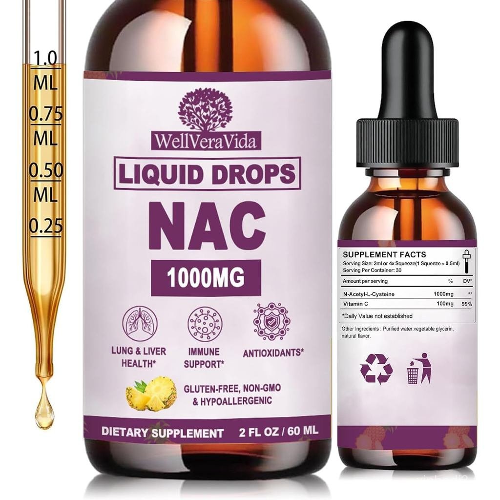 NAC N1000mg ดูดซึมเหลว Nac หยด | ด้วย C สําหรับ Antioxidant r & Kidney Detox* พอร์ต Respiratory & Im
