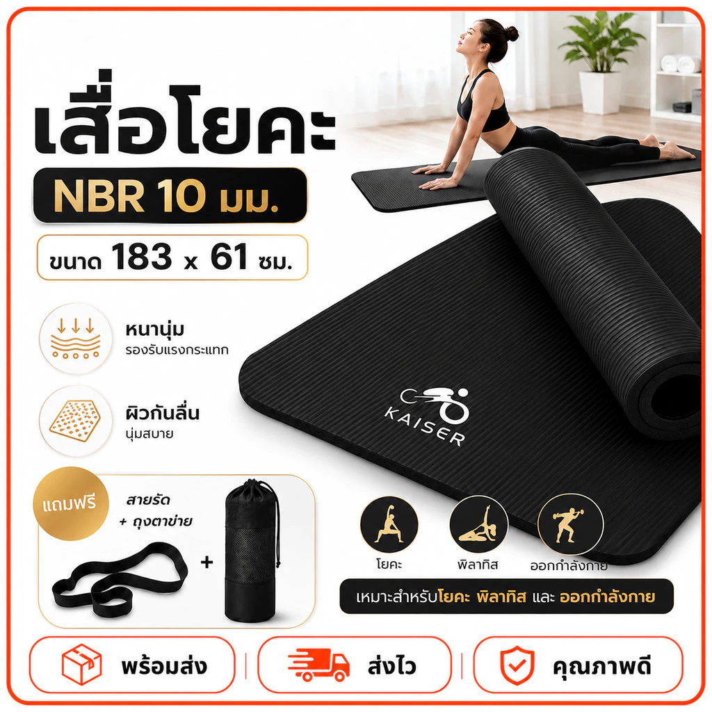 ส่งเร็ว Yoga 183x61x10 เสื่อโยคะ NBR Yoga mat พกพาสะดวก แผ่นรอง หนา 10 มิลลิเมตร