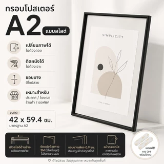 กรอบโปสเตอร์ A2 แบบสไลด์ ขนาด 42x59.4 ซม. เปลี่ยนรูปได้ง่าย กรอบติดผนังไม่ต้องเจาะ ขอบบาง สำหรับป้ายประกาศ โฆษณา