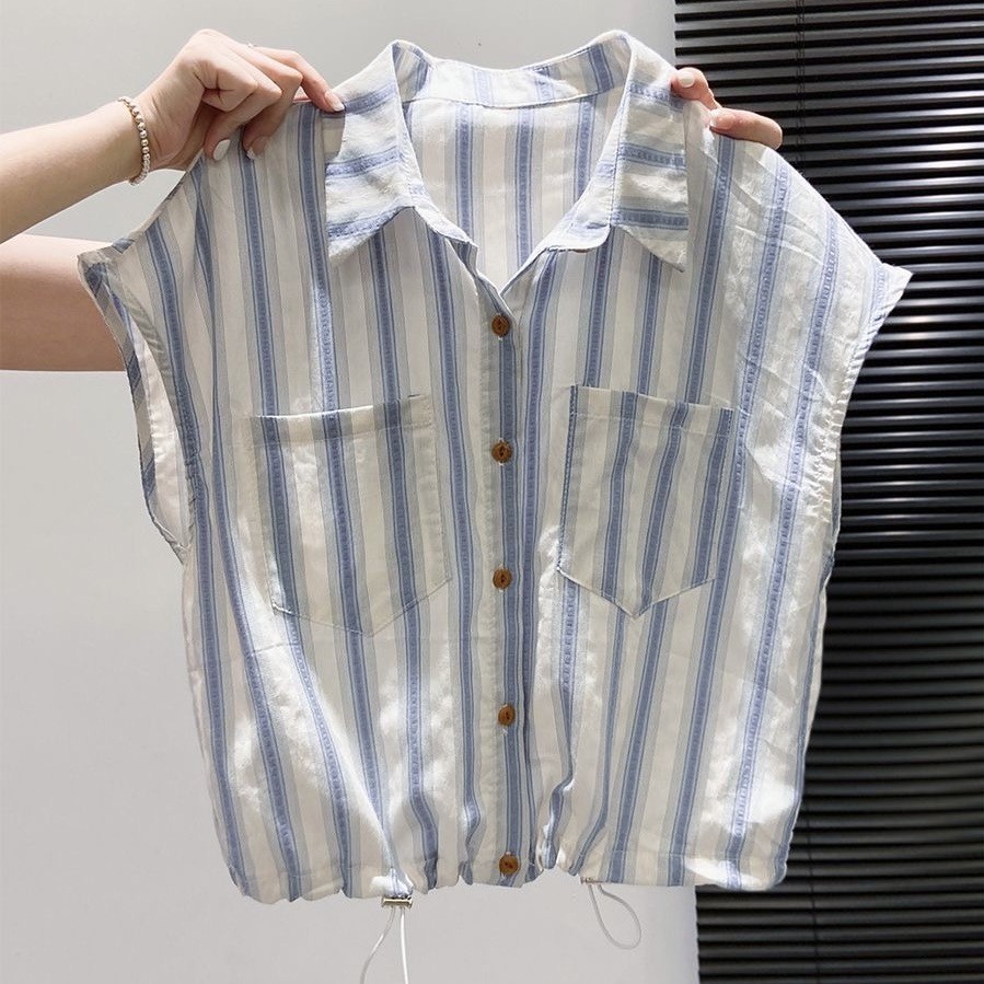 KEMEJA Verve ตู้เสื้อผ้าเสื้อแขนสั้นคอปกลายทางสไตล์เกาหลีสําหรับผู้หญิงอเนกประสงค์และมีสไตล์สําหรับฤ