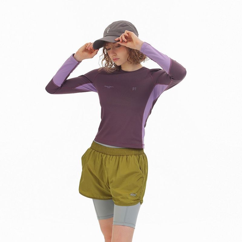 DSU2026 สินค้าใหม่เย็บ Contrast สี Breathable Hassel Line Slimmer ดู Slim-fit รอบคอแขนยาวเสื้อยืดผิว