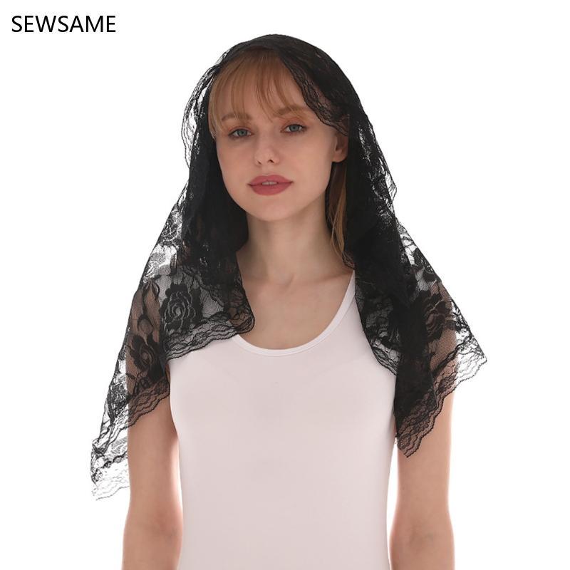 SEWSAME Lace Mantilla Veil นุ่มและสบาย 2 สีสีดําและสีขาวสไตล์สเปน Rose Lace Veil สําหรับผ้าคลุมศีรษะ