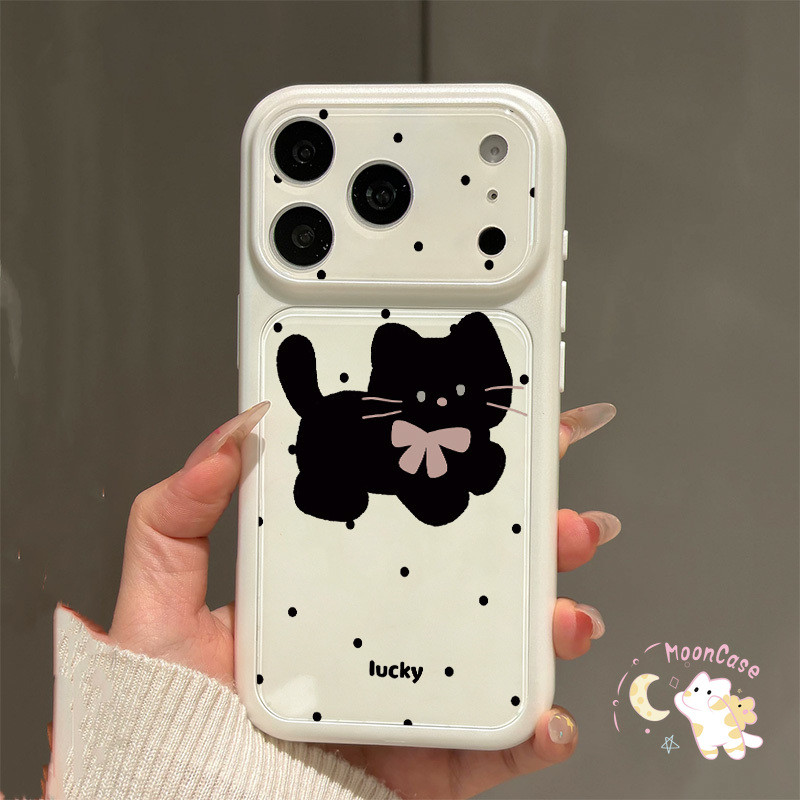 สำหรับ IPhone 18 17 13 15 16 12 14 11 Pro Max 17 15 13 Pro เคสแมวดำโบว์ลายจุดเรียบง่าย สไตล์อินสตา ครอบคลุมป้องกันการตก