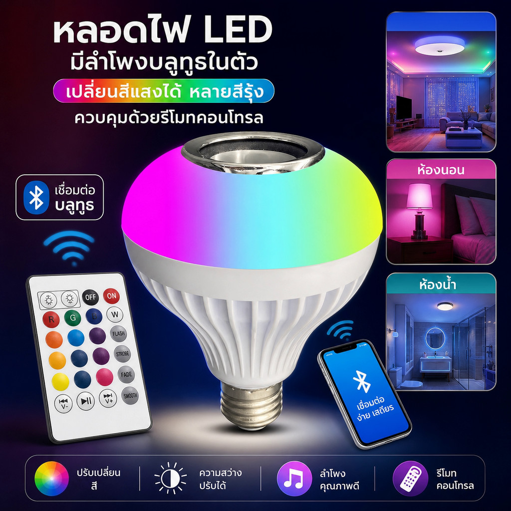 หลอดไฟ LED มีลำโพงบลูทูธในตัว เปลี่ยนสีแสงรุ้งได้ ควบคุมด้วยรีโมทคอนโทรล โคมไฟสร้างบรรยากาศ สำหรับใช้ในบ้าน